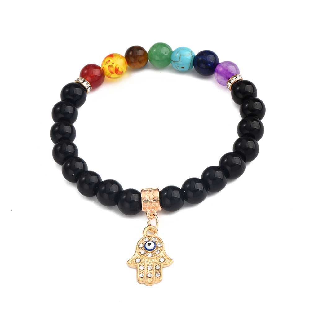 Pulsera De Equilibrio Con 7 Chakras, Hamsa Y Ojo De Demonio - Hecha A Mano, De Piedra Lava